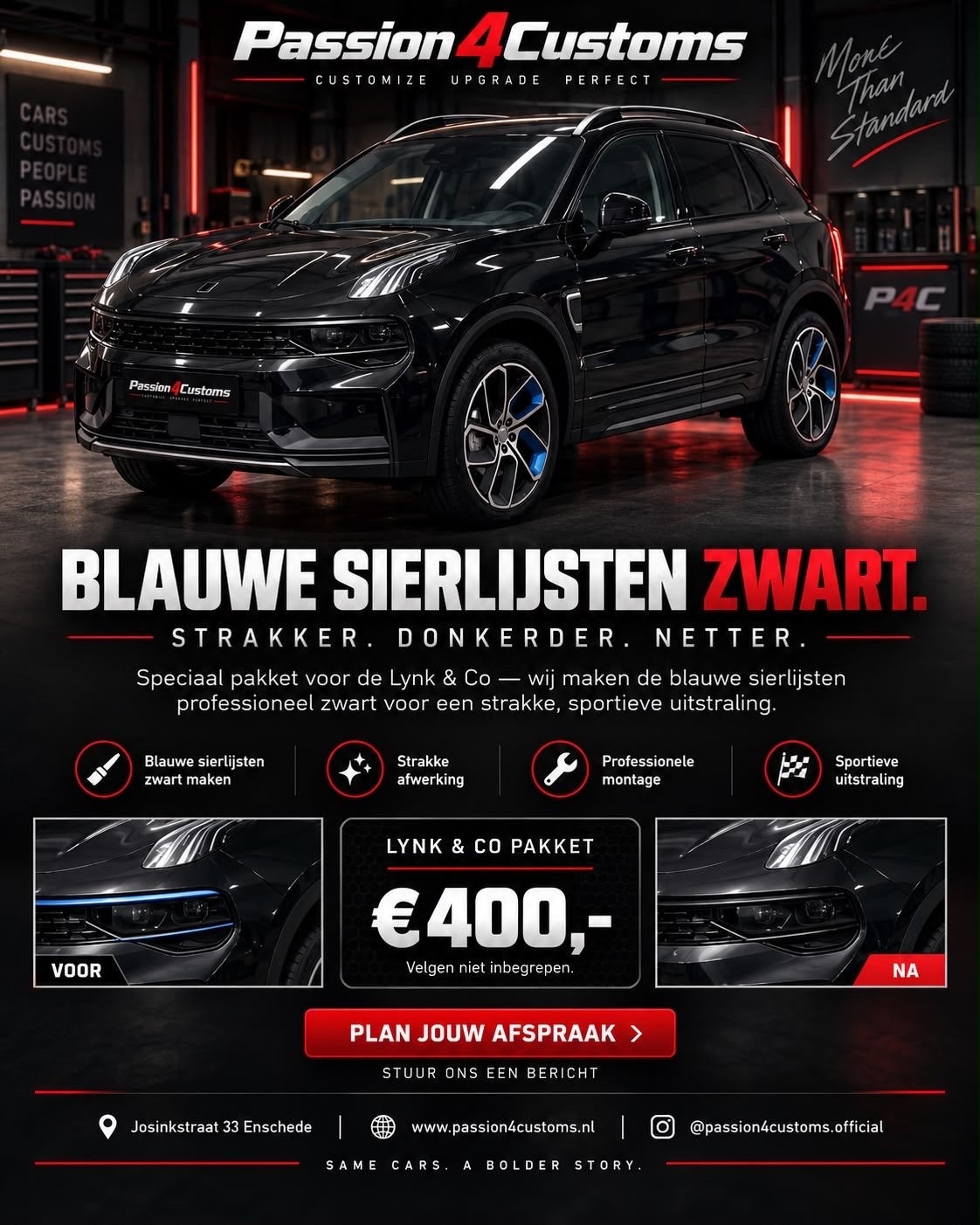 Lynk & Co pakket | Blauwe sierlijsten zwart maken | €400, Auto diversen, Ophalen