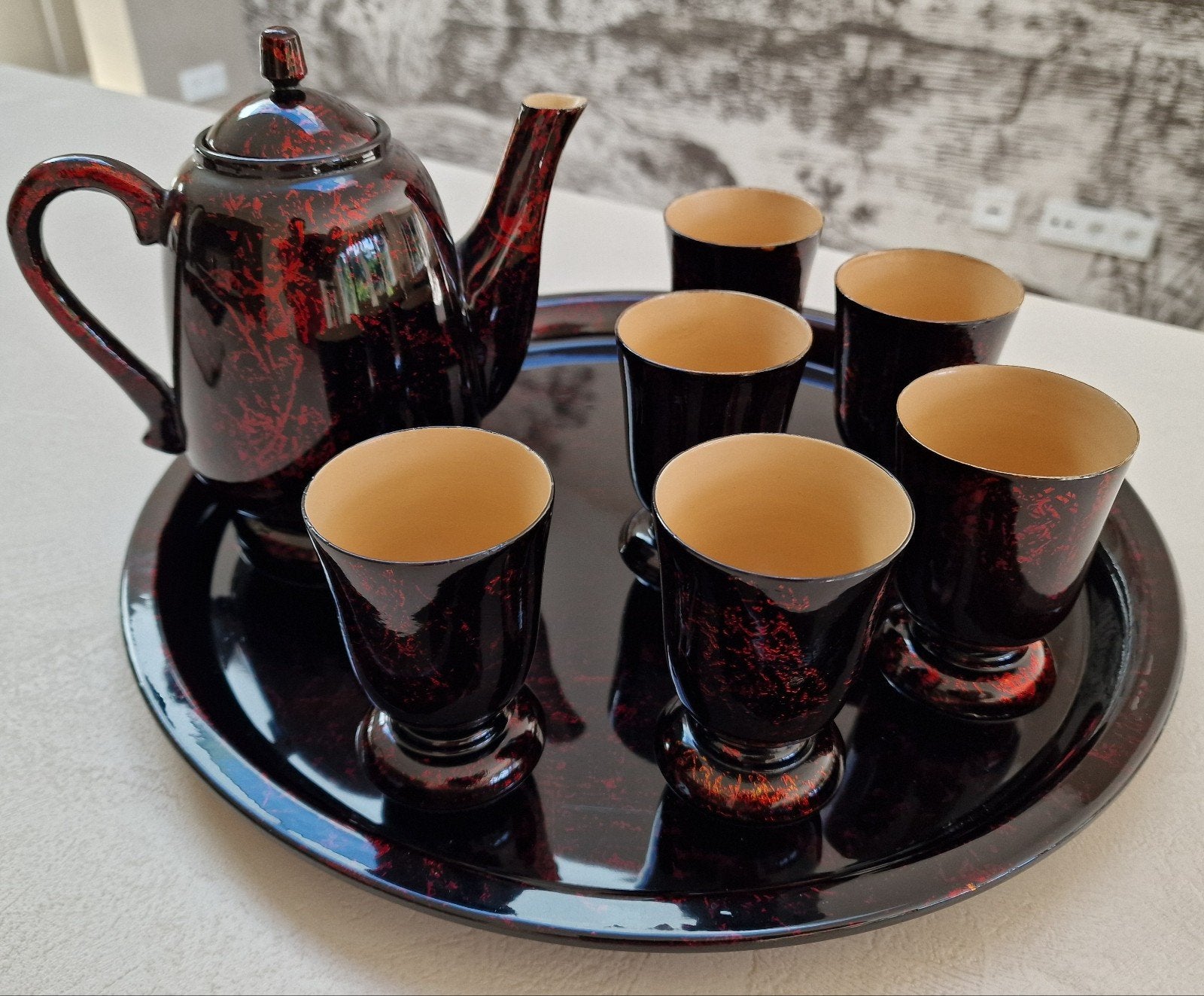 Vintage Chinees lakwerk theeservies, compleet met dienblad, Antiek en Kunst, Ophalen of Verzenden