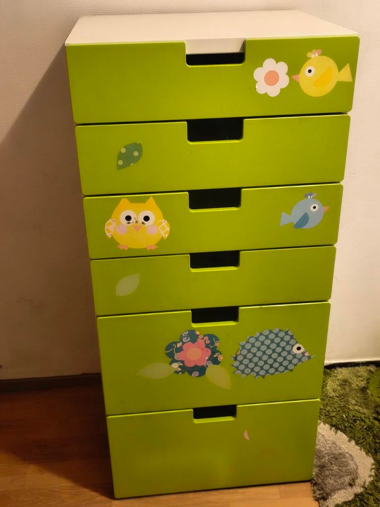 Kinderladekast met 6 laden - Groen met dierenstickers, Ophalen, Gebruikt, 50 tot 70 cm, 105 cm of meer