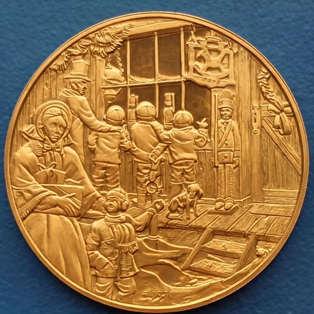 Franklin Mint Kerstkaartmedaille -Speelgoedmakerswinkel 1976, Verzenden, Brons, Buitenland