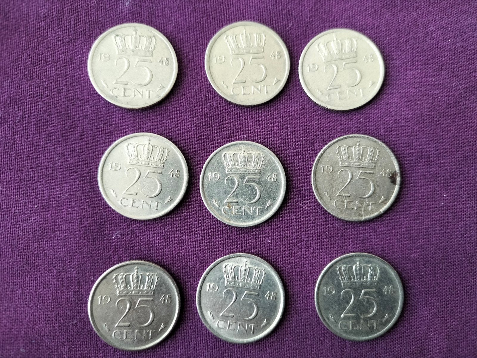 9 X Wilhelmina 25 ct munten 1948, Ophalen of Verzenden, Koningin Wilhelmina
