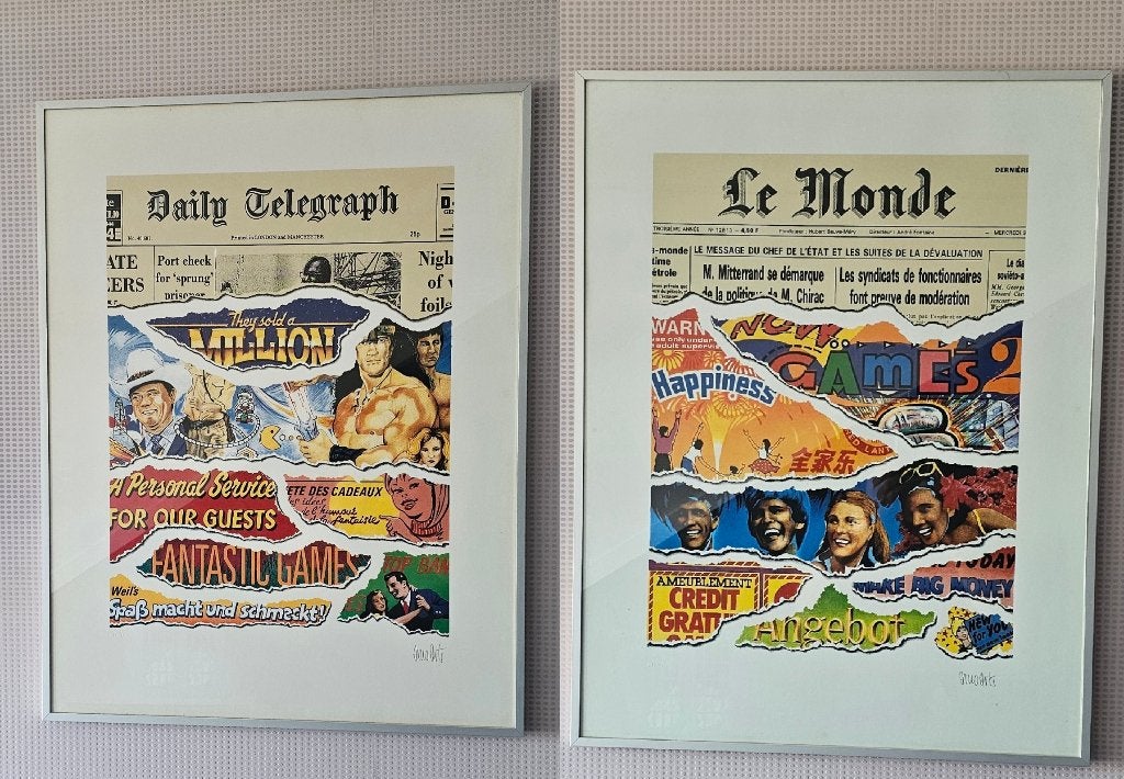 2 x Zeefdruk van Arno Arts LE MONDE & DAILY TELEGRAPH - 1987, Antiek en Kunst, Ophalen, Zeefdruk, Gelimiteerde oplage, Overige onderwerpen