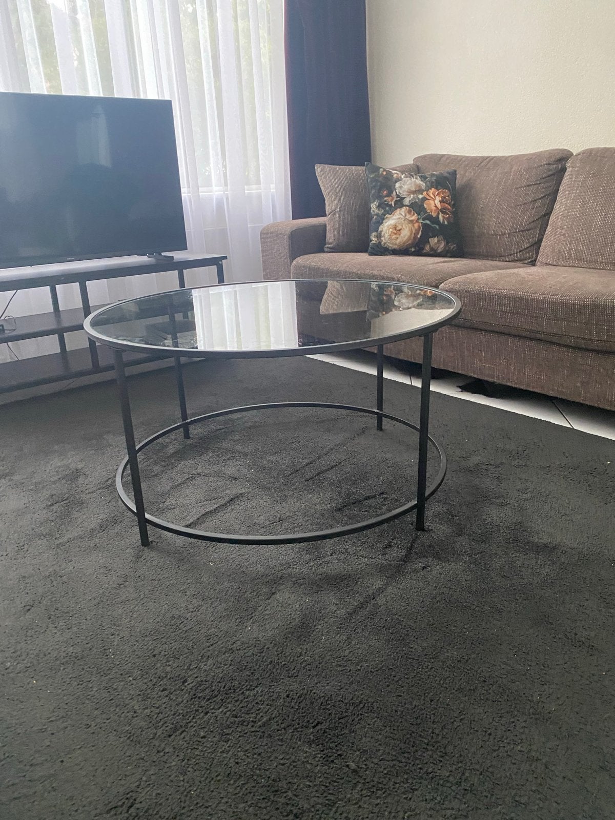 Moderne ronde salontafel met glazen blad, Ophalen, Gebruikt, Rond, 50 tot 100 cm