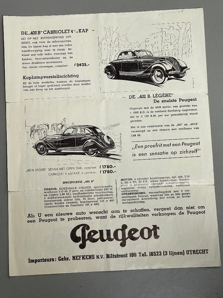Peugeot folder uit 1939.  Modellen 202 / 402, Ophalen of Verzenden, Gelezen, Peugeot