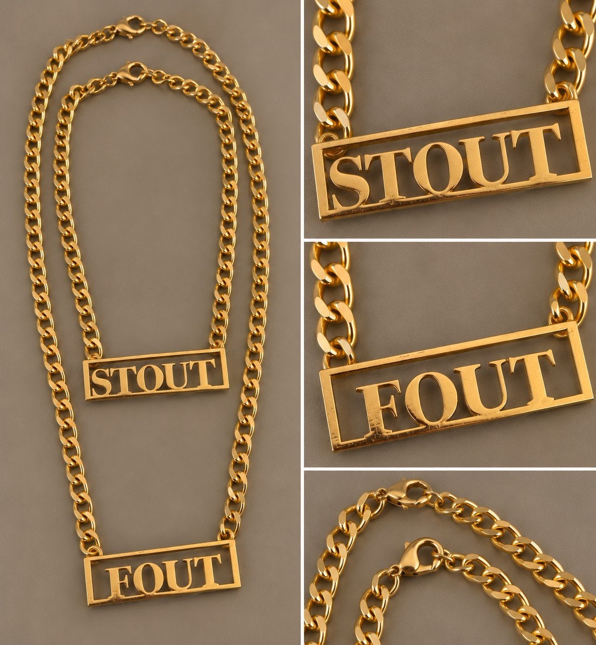Goudkleurige STOUT en FOUT kettingen set, Ophalen of Verzenden, Goud, Overige materialen