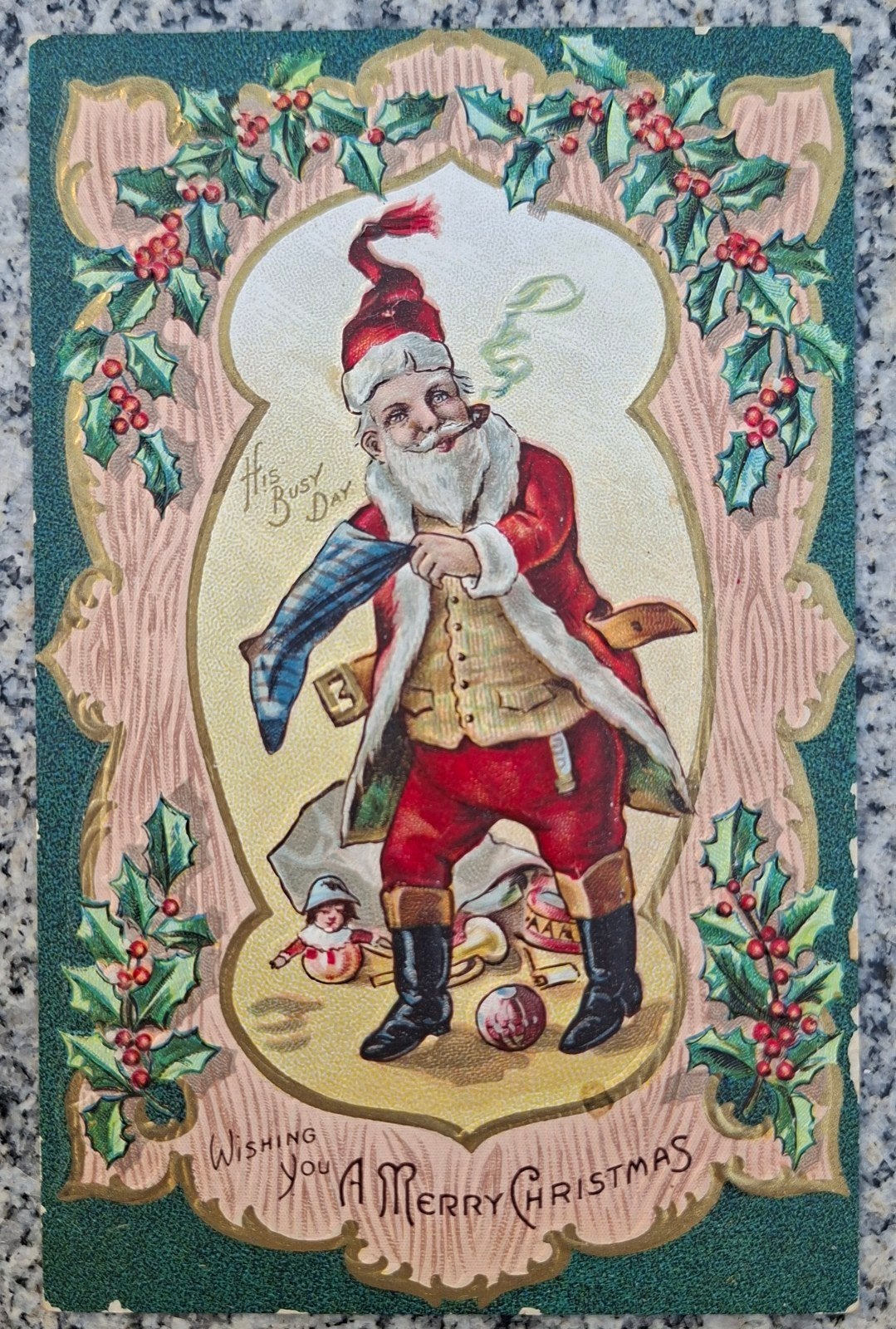 antieke reliëf postkaart kerstman ongelopen, Ophalen, Voor 1920, Ongelopen, Feest(dag)
