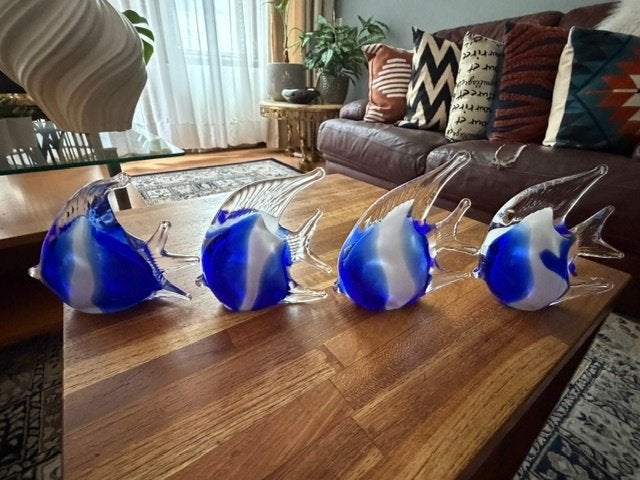 4 mooie zware, blauwe, glazen vissen motief (Murano stijl), Antiek en Kunst, Ophalen of Verzenden