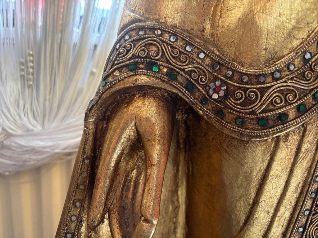 Grote en Prachtige - Houten / Gouden - Buddha Beeld - 140cm, Nieuw, Ophalen of Verzenden, Houtsnijwerk, Goud