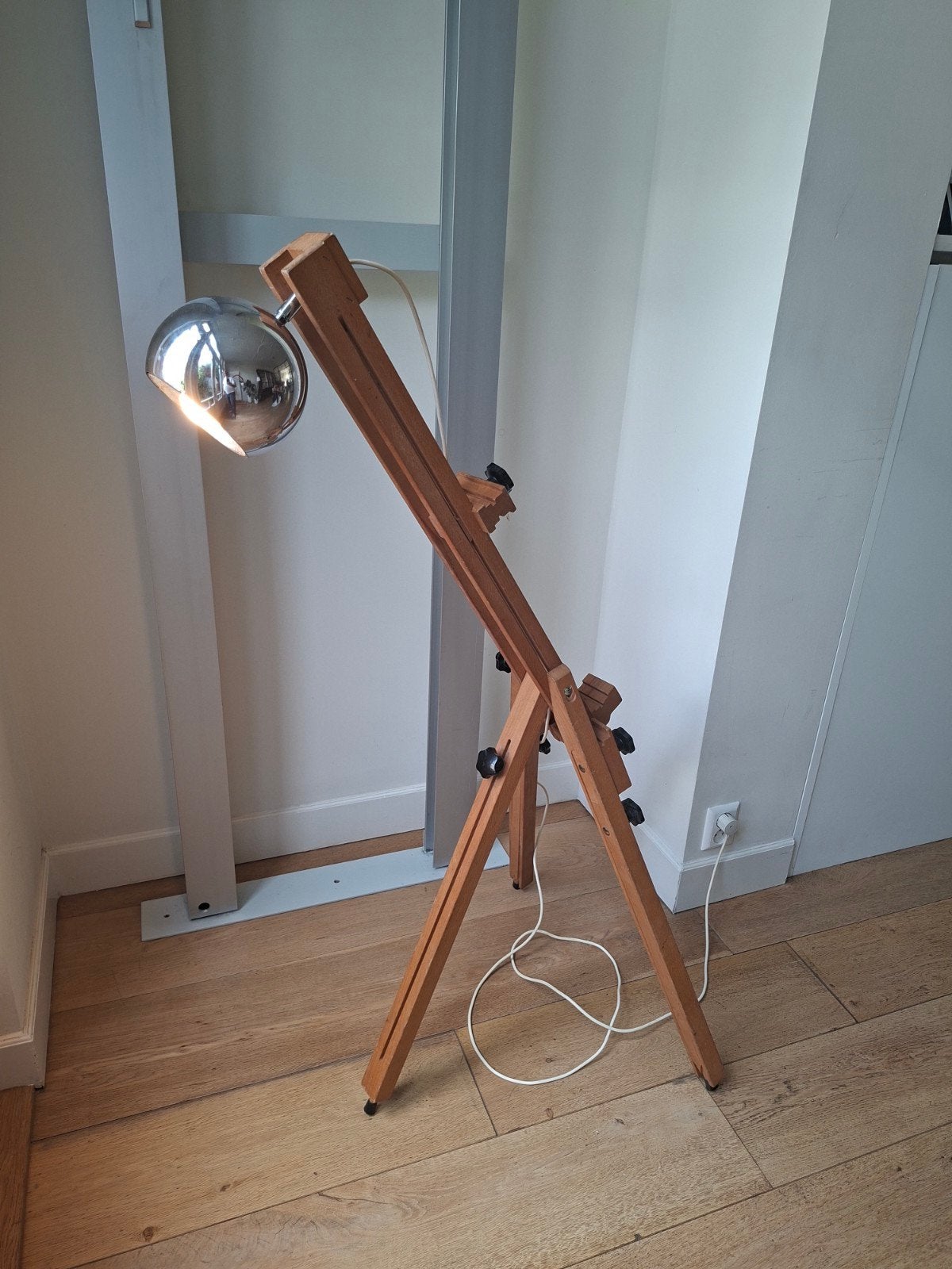 Unieke Vloerlamp: Schildersezel met Chrome GEPO Lampenkap, Ophalen, Gebruikt, Vintage, Industrieel, Artistiek, E27 (groot)