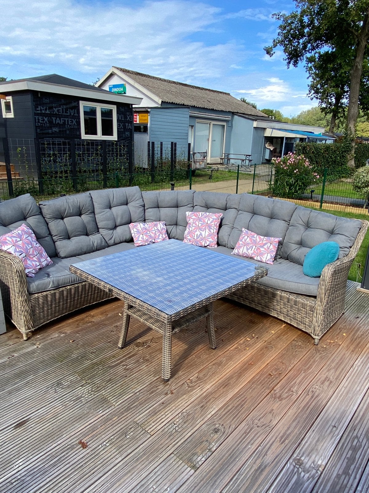 Lounge set, incl, kussens, met vierkante tafel met glasplaat, Tuin en Terras, Ophalen, 5 zitplaatsen, Gebruikt, Loungeset