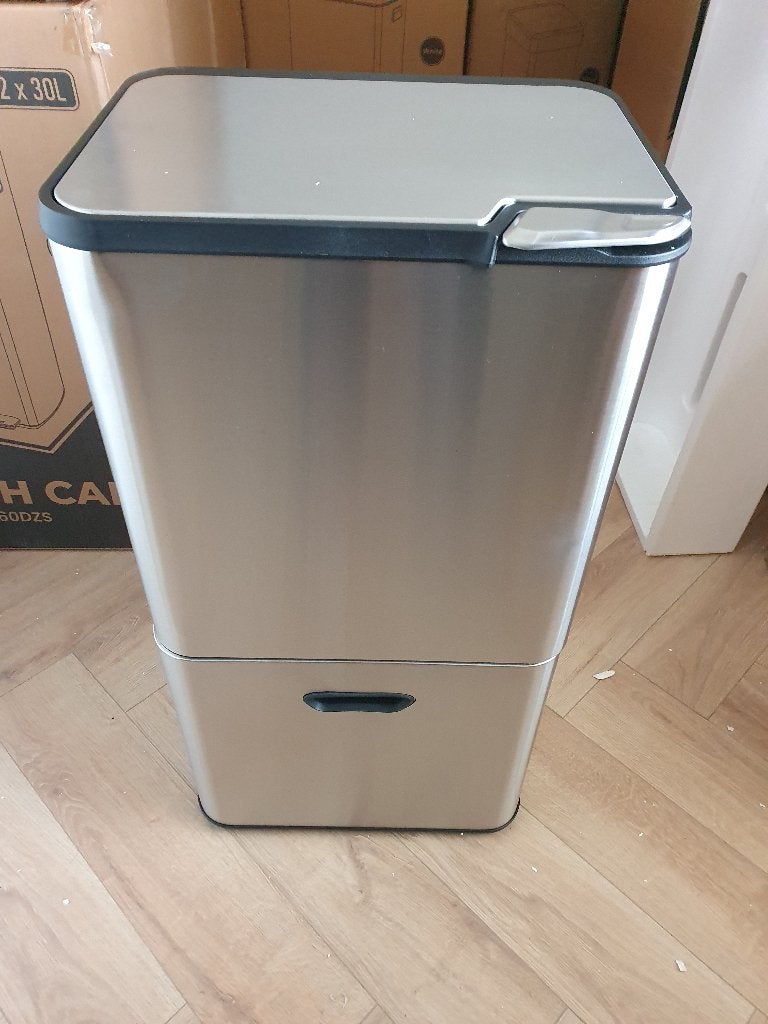 Bayt Prullenbak 60L –2 Compartimenten – 27L+33L – RVS Zilver, 40 liter of meer, Ophalen of Verzenden, Zo goed als nieuw, Rvs