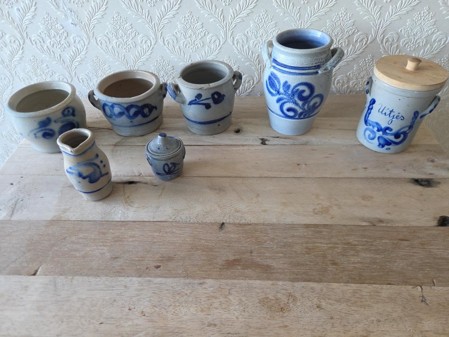 Set van 7 antieke zoutglazuur potten en kruiken, Antiek en Kunst, Ophalen