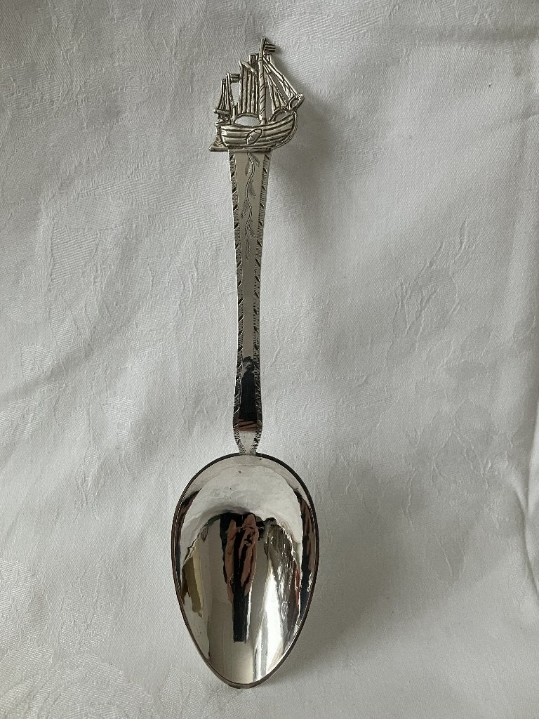 Antieke zilveren gelegenheidslepel met zeilschip, Rooswinkel, Antiek en Kunst, Verzenden, Zilver