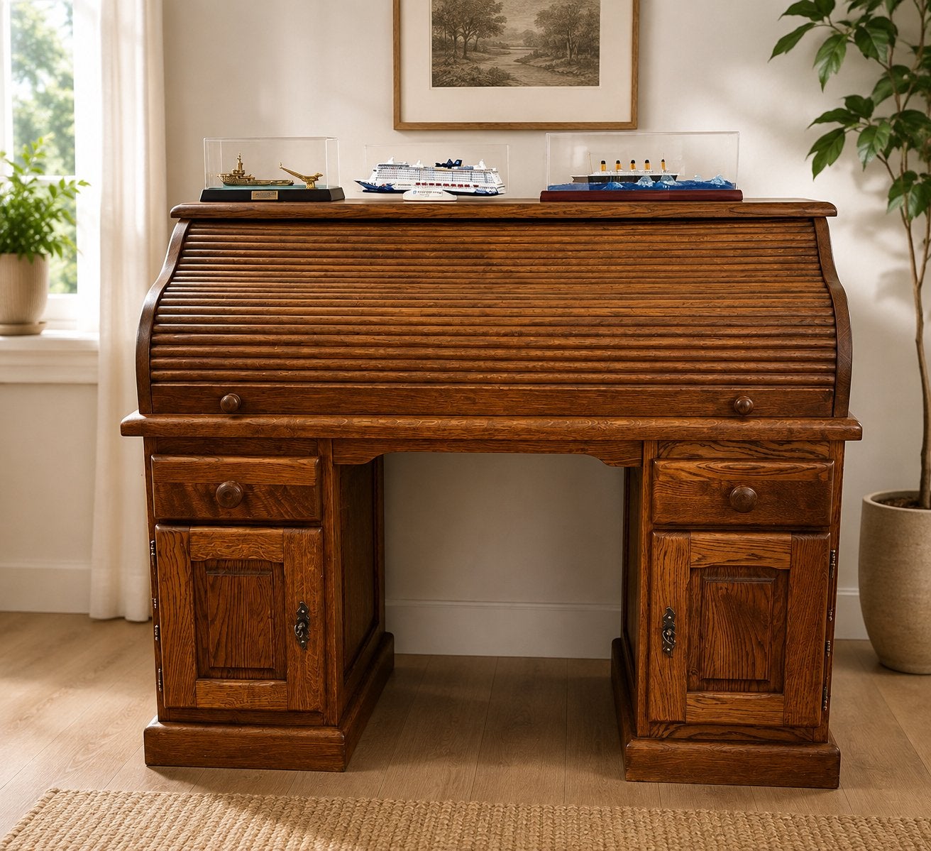 Antiek eiken rolbureau, Huis en Inrichting, Ophalen, Gebruikt, Secretaire, Antiek