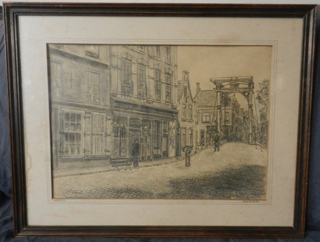 Tekening Hooigracht bij de Gepekte Brug Leiden G. Blansjaar, Antiek en Kunst, Kunst | Tekeningen en Foto's, Tekening, Potloodtekening
