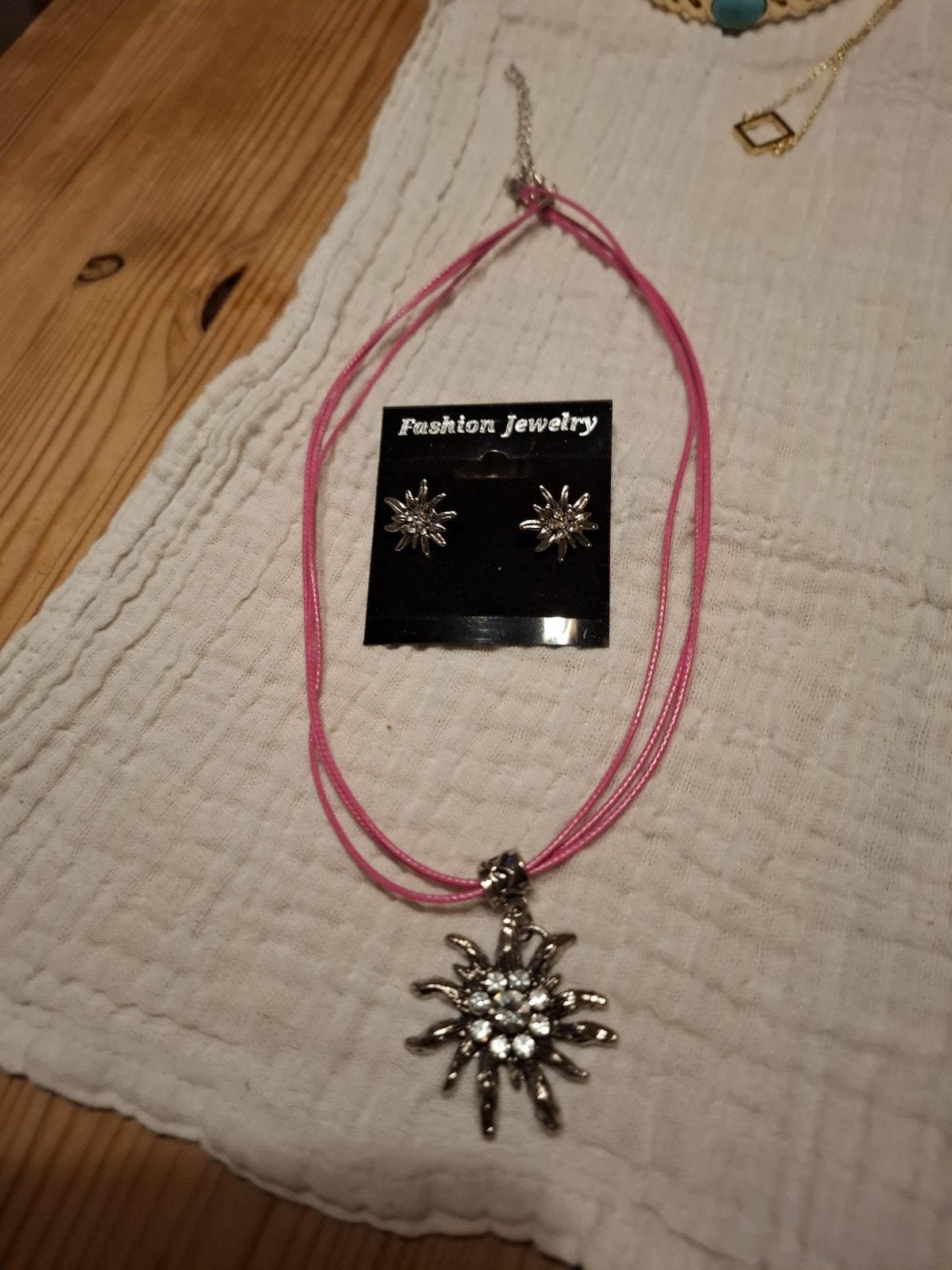 Roze ketting met hanger en bijpassende oorbellen, Overige materialen, Met hanger, Nieuw, Ophalen of Verzenden