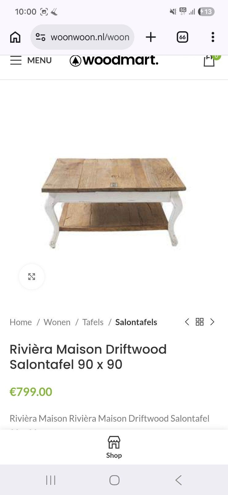 Riviera Maison Salontafel 90x90cm, Ophalen, Rechthoekig, 100 tot 150 cm, 50 tot 100 cm