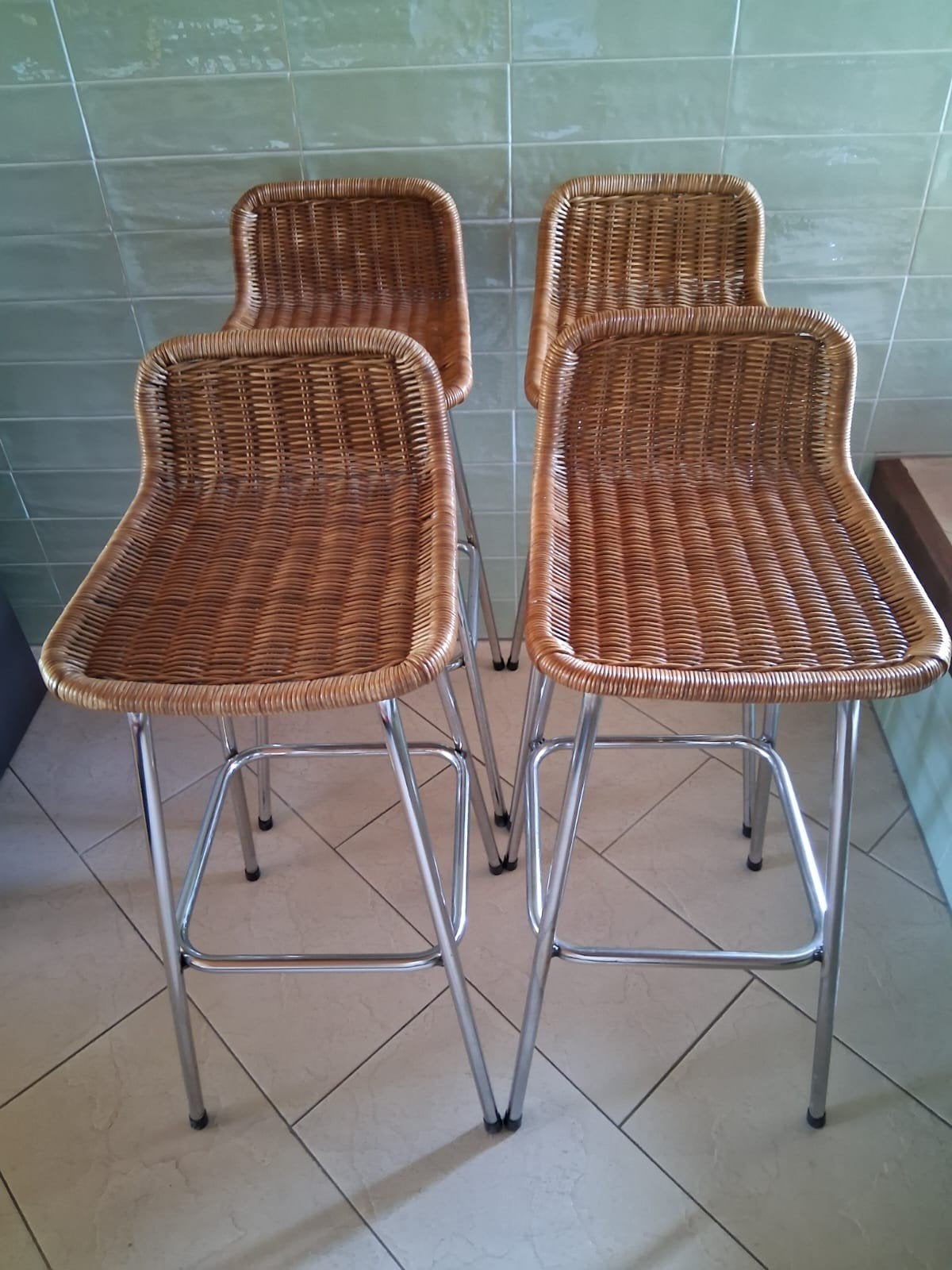 Vintage 60-70jr rotan Rohé barkrukken Dirk van Sliedrecht, Huis en Inrichting, Ophalen, Metaal, 60 tot 90 cm, Gebruikt