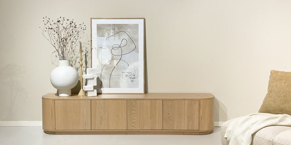 Tv meubel Novero eiken 220 cm - Naturel, Huis en Inrichting, Kasten | Televisiemeubels, Ophalen, Eikenhout, Nieuw, Scandinavisch