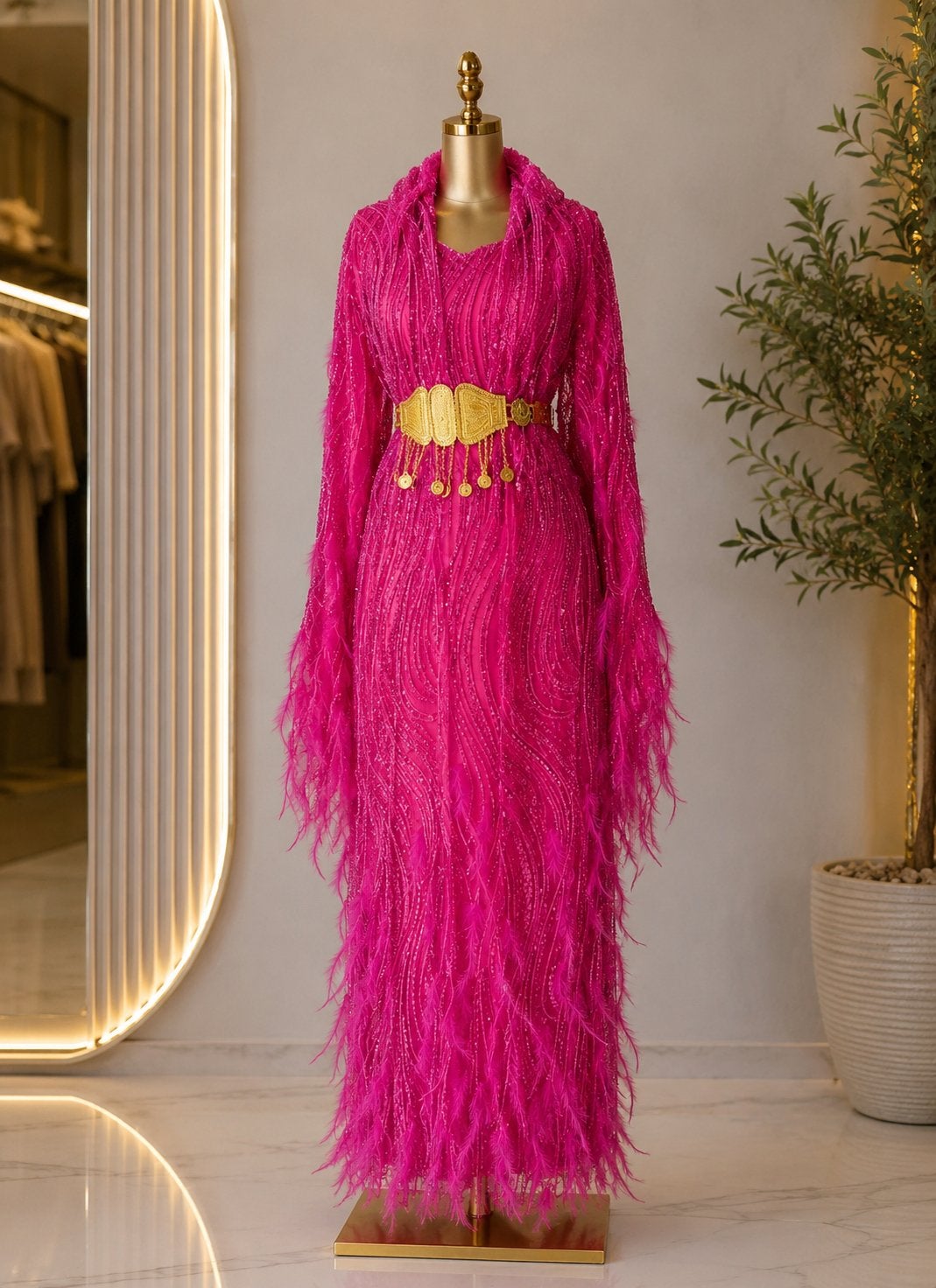 Gloednieuwe Roze Jurk met Veren en Gouden Riem, Kleding | Dames, Jurken, Maat 38/40 (M), Nieuw, Ophalen of Verzenden, Roze