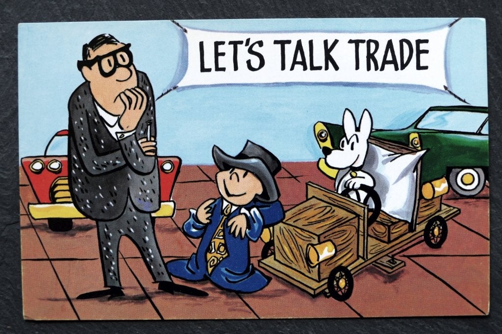 Let's talk trade... houten karretje tegen flitsende auto?, Verzenden, 1940 tot 1960, Ongelopen, Voertuig