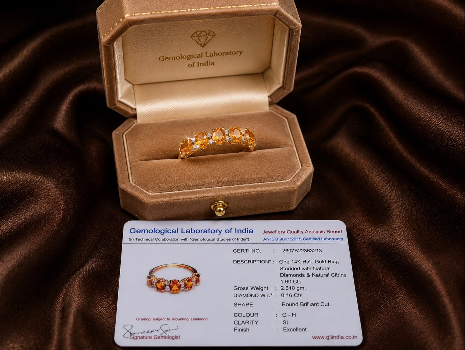 Ring goud met diamanten en citrien, Sieraden, Tassen en Uiterlijk, Ringen, Nieuw, Ophalen of Verzenden, 17 tot 18, Dame