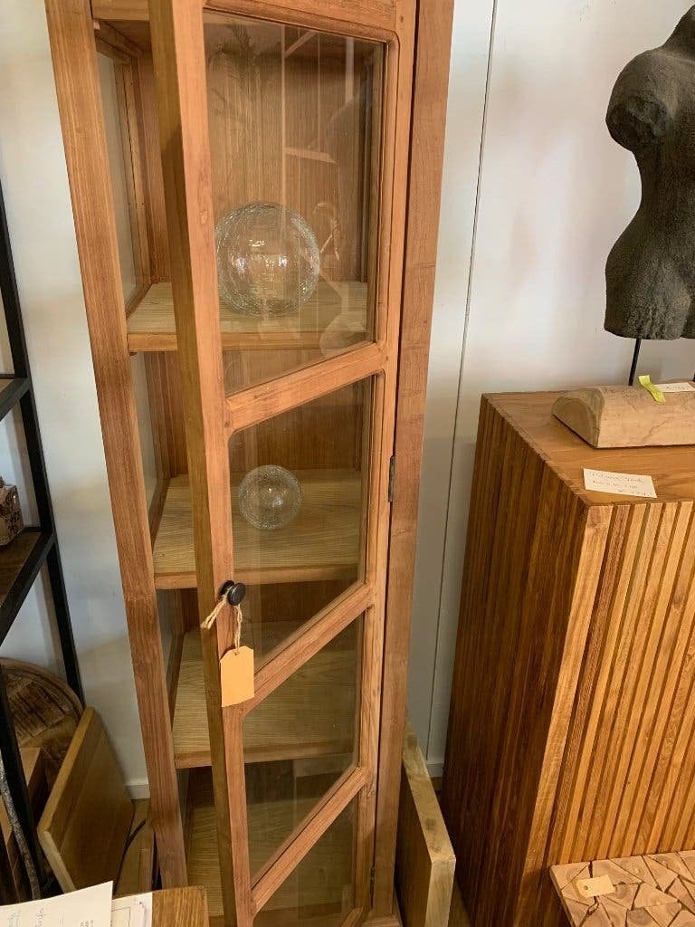 Vitrinekast, 3 zijden glas + Teakhout, 40 x 40 x 190cm., Ophalen, Nieuw