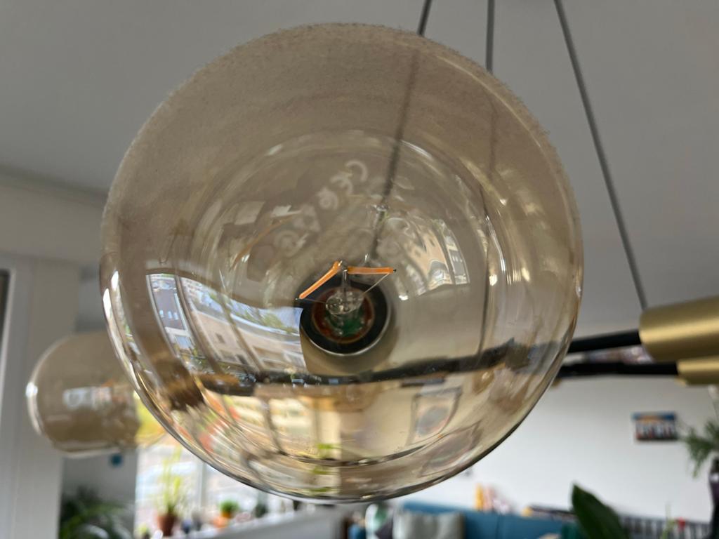 Moderne zwarte hanglamp met 7 bollen (LED), Ophalen, Gebruikt, Glas, 75 cm of meer