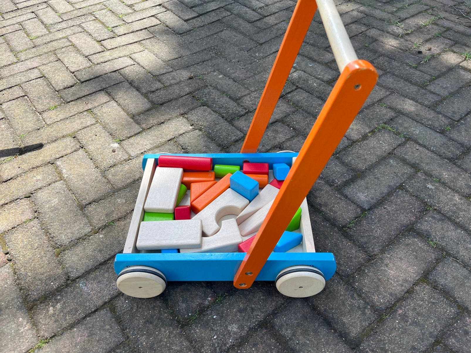 Houten loopkarretje  met blokkendoos, Ophalen of Verzenden, Gebruikt