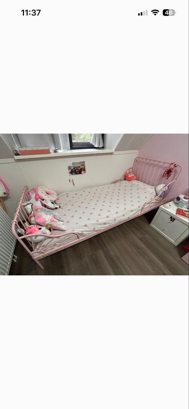 Roze kinderbed (IKEA) met lattenbodem en matras, Ophalen, Gebruikt, 70 tot 85 cm, Lattenbodem