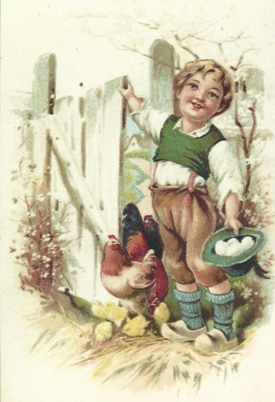 Pasen prentbriefkaart: Kindje zoekt eieren bij kippen {57}, Verzenden, 1980 tot heden, Ongelopen, Feest(dag)