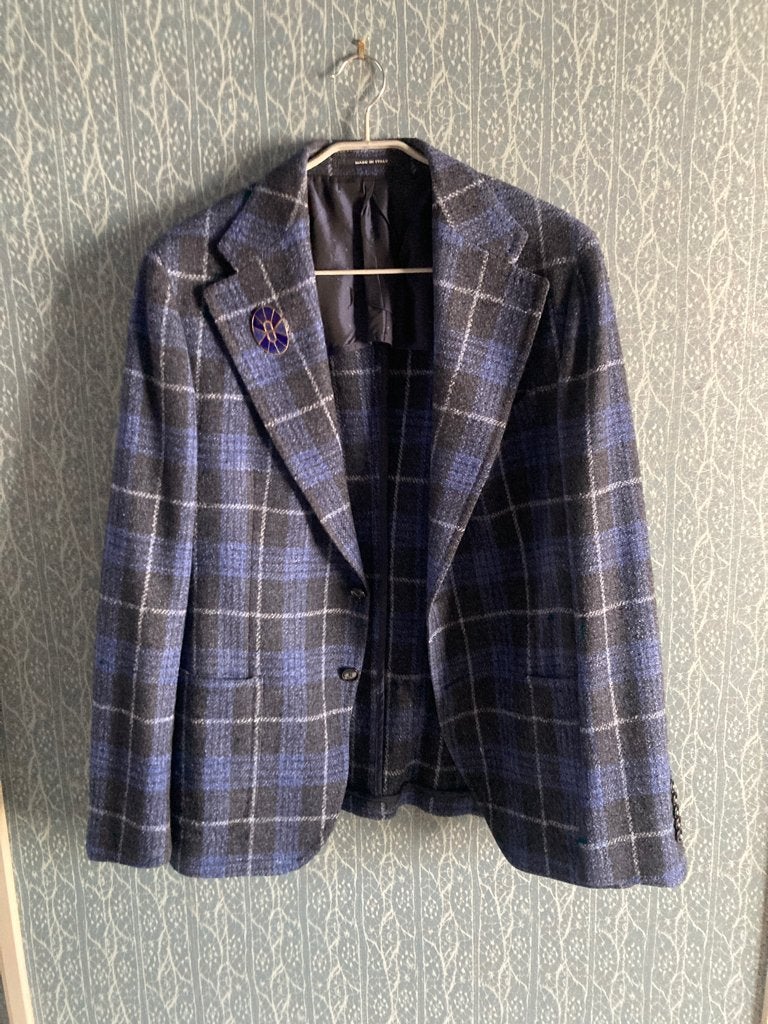 Heren colbert, blauw geruit wol (Pino Lerario), Maat 52/54 (L), Blauw, Ophalen of Verzenden, Pino Lerario