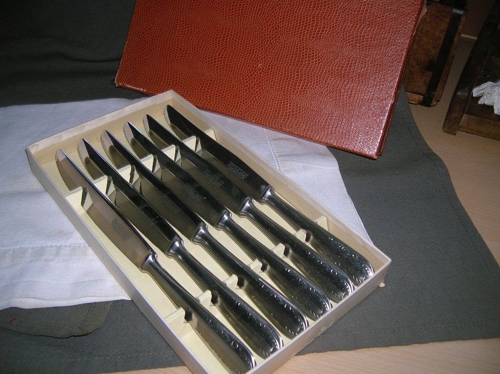 6 vintage dinermessen Kara Inox Gembloux in doos messen, Ophalen of Verzenden