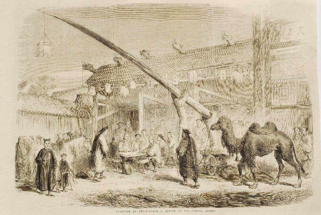 Theehuis in Peking - Originele antieke illustratie 1861, Gebruikt, Verzenden, Buitenland, Voor 1940