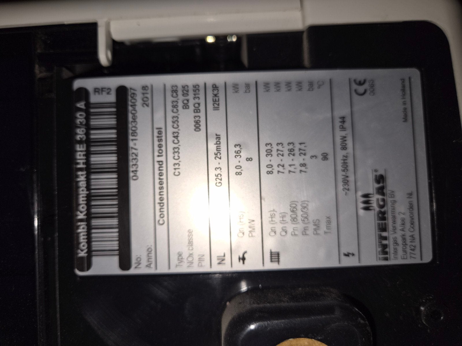 Intergas Kompakt HRE 36/30 A CV-ketel (2018), Ophalen of Verzenden, Gebruikt, Cv-ketel of Combi-ketel, Hoog rendement (Hr)
