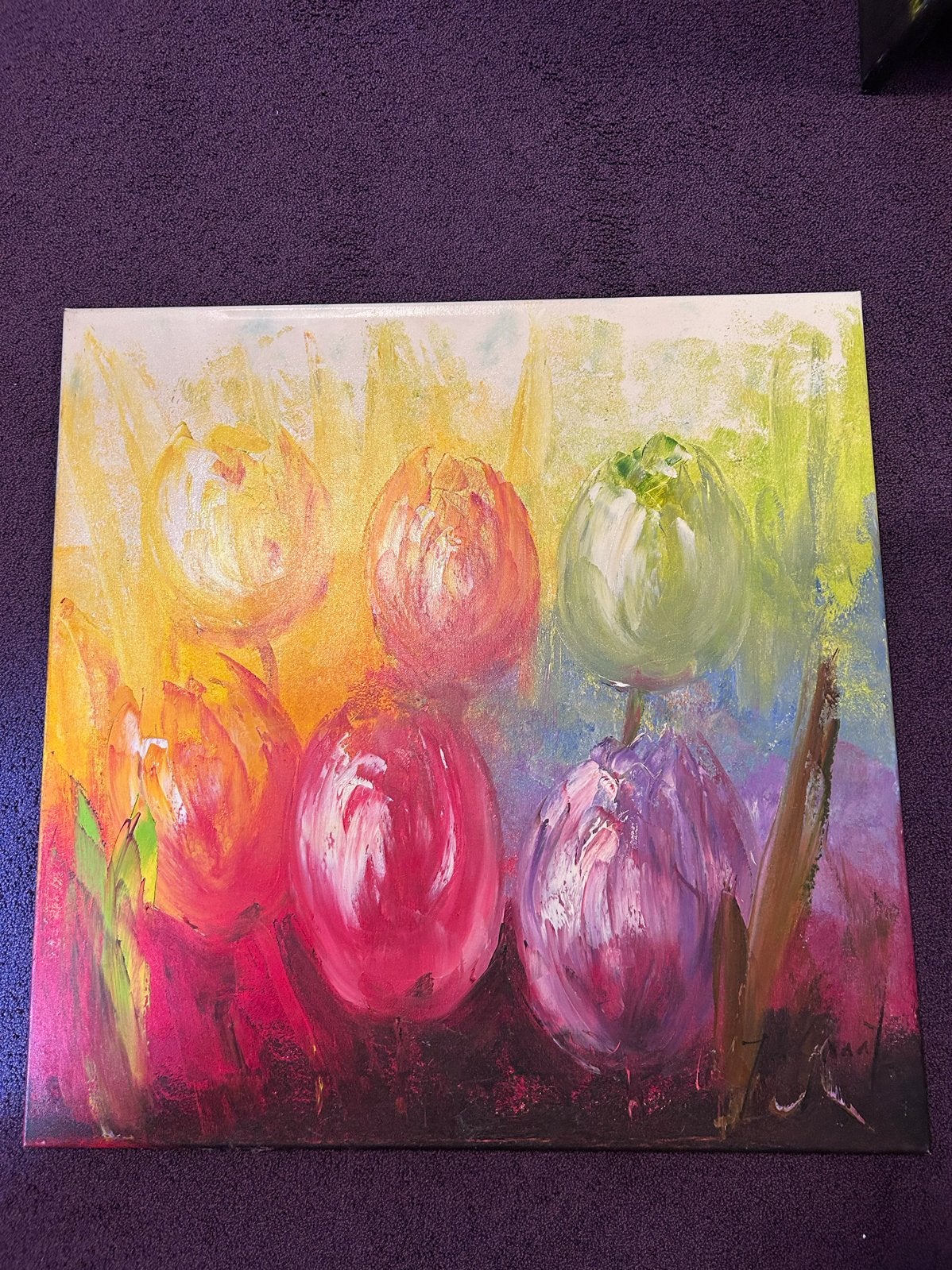 Schilderij Tulpen van Jochem de Graaf 80x80 cm, Ophalen, Handgeschilderd, Olieverf, Bloemen