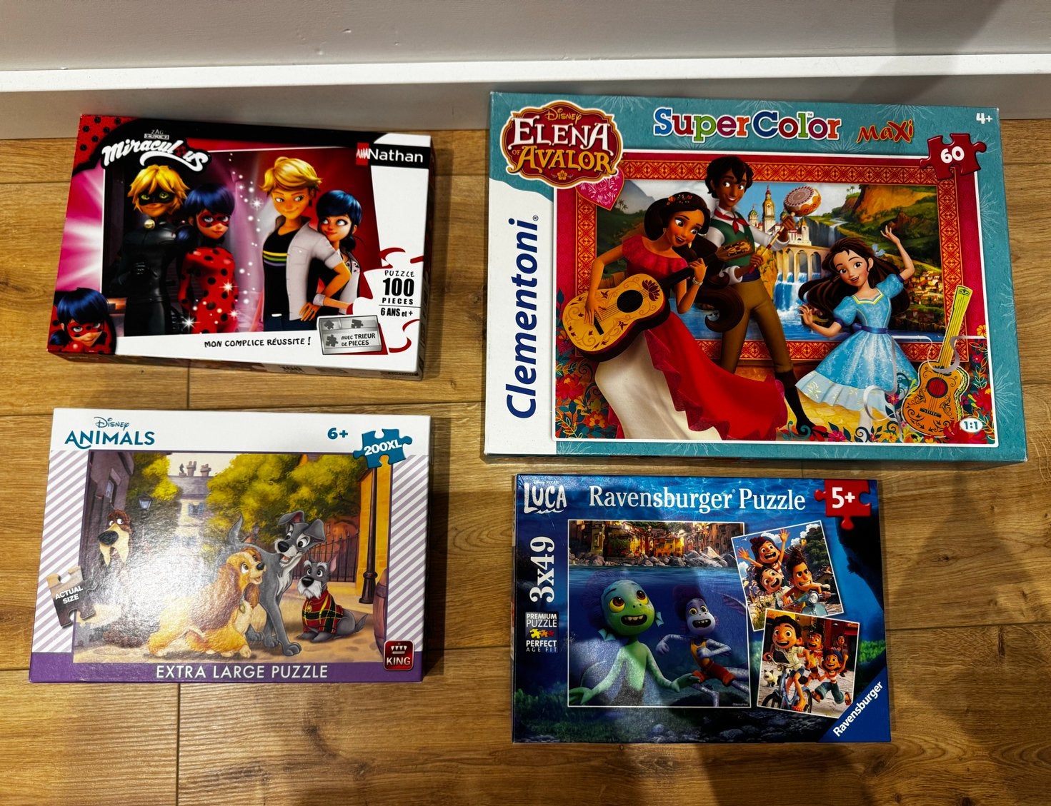 4 Puzzels. Miraculous, Elena, Lady en de Vagebond & Luca, Ophalen, Minder dan 500 stukjes, Gebruikt, Legpuzzel