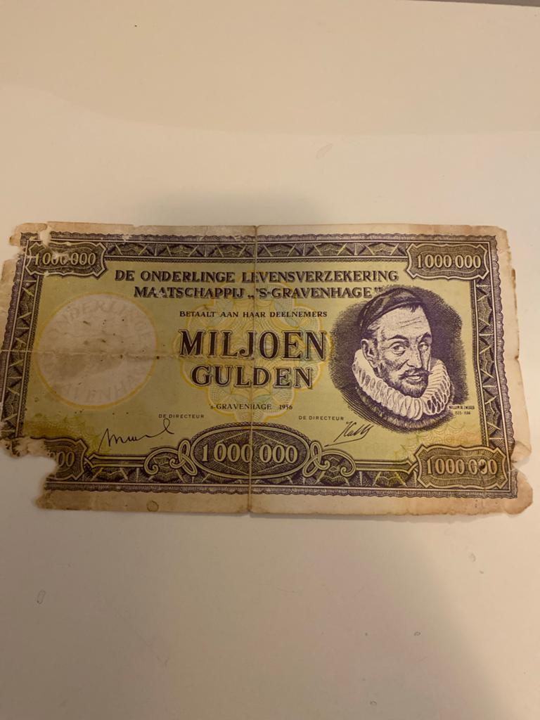 Oude levensverzekering 1.000.000 gulden, antiek papier, Ophalen of Verzenden, 1000 gulden, Los biljet