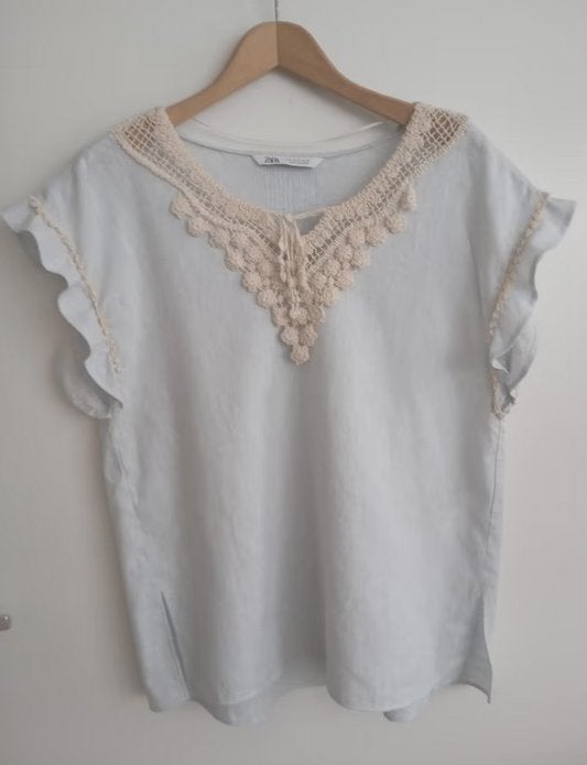 Zara katoen linnen lichtblauwe blouse met kant, maat M, Nieuw, Angelschoice@gmail.com, Oosterveldweg 15, 7274 DZ, Maat 38/40 (M)