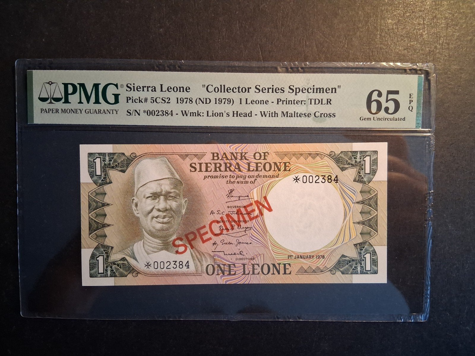 1 leone unc specimen Sierra Leone 1978 PMG 65, Ophalen of Verzenden, Overige landen, Los biljet