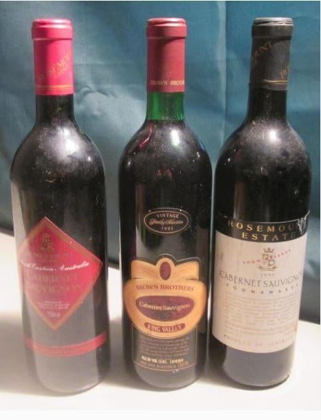 3 Rode Australische Wijnen van 1990 en 1991, Overige gebieden, Ophalen of Verzenden, Zo goed als nieuw, Rode wijn