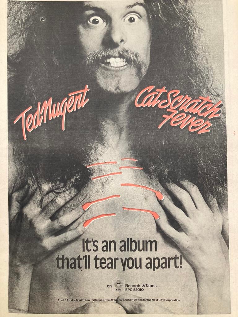 Paginagrote A3 advertentie TED NUGENT Cat Scratch Fever, Ophalen of Verzenden, Zo goed als nieuw