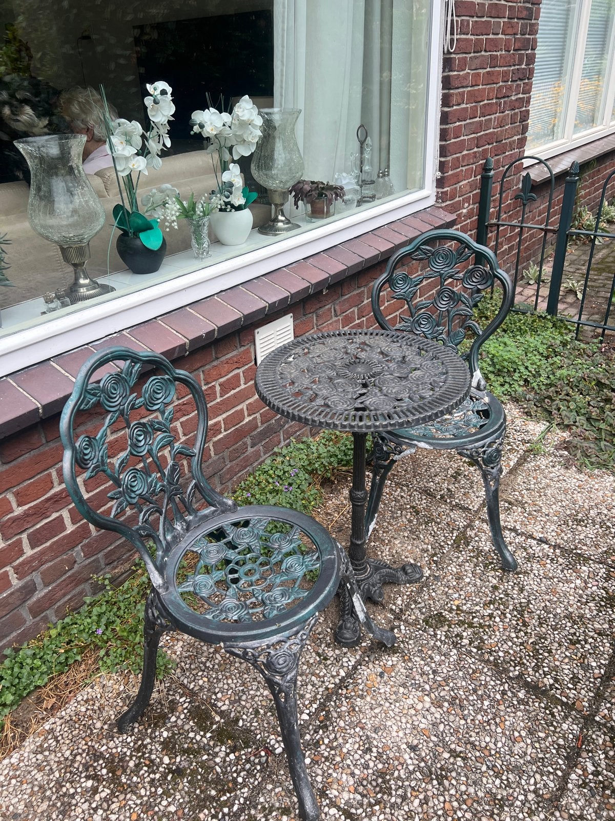 Antieke gietijzeren bistroset met rozenmotief, Overige materialen, Gebruikt, Eettafel, Tuinset