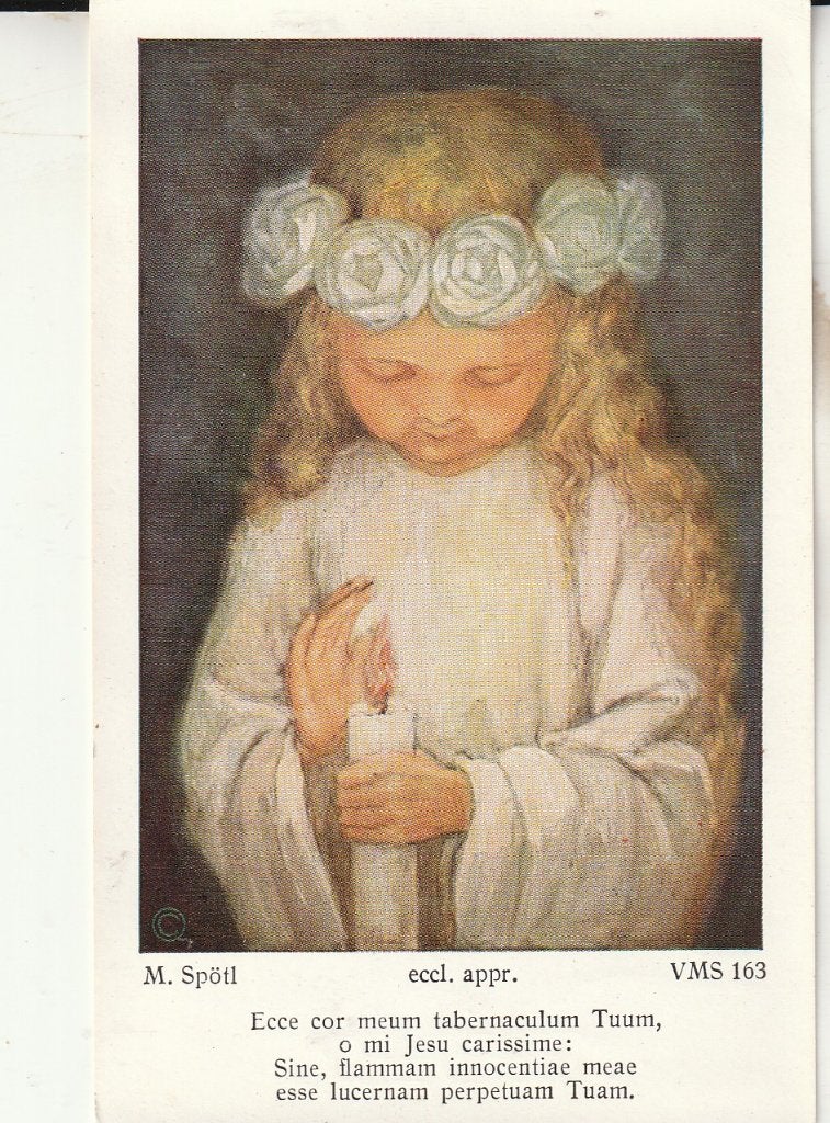 Oud prentje: Meisje met kaars en bloemenkrans, Ophalen of Verzenden, Gebruikt, Kaart of Prent, Christendom | Katholiek
