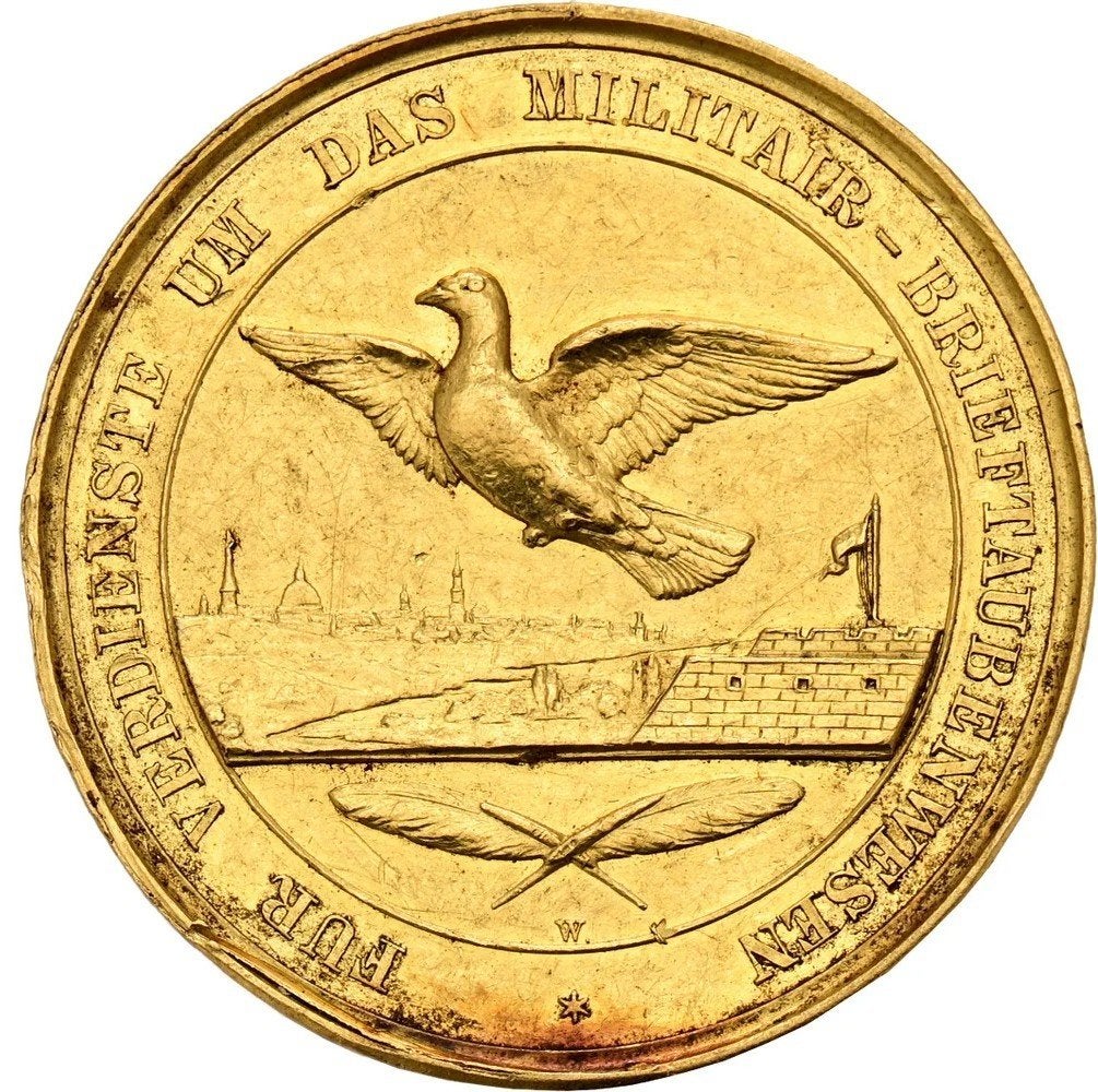Goudmedaille 6 Dukaten gew. postduif militair 1893 R2 goud, Ophalen of Verzenden, Goud, Buitenland