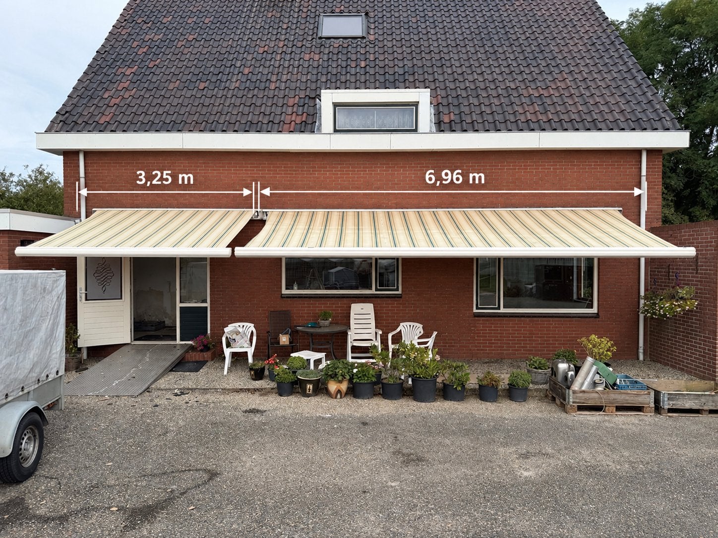 Elektrische zonneschermen (2 stuks) - 3.25m en 6.96m breed, Tuin en Terras, Ophalen, Gebruikt, 450 cm of meer, Elektrisch