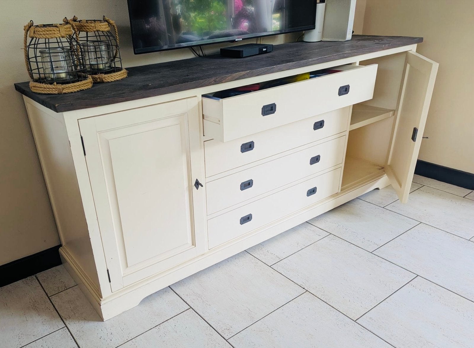 Landelijk dressoir/tv-meubel met lades en deuren 200x50x86cm, Ophalen, Gebruikt, 150 tot 200 cm, Met lade(s)