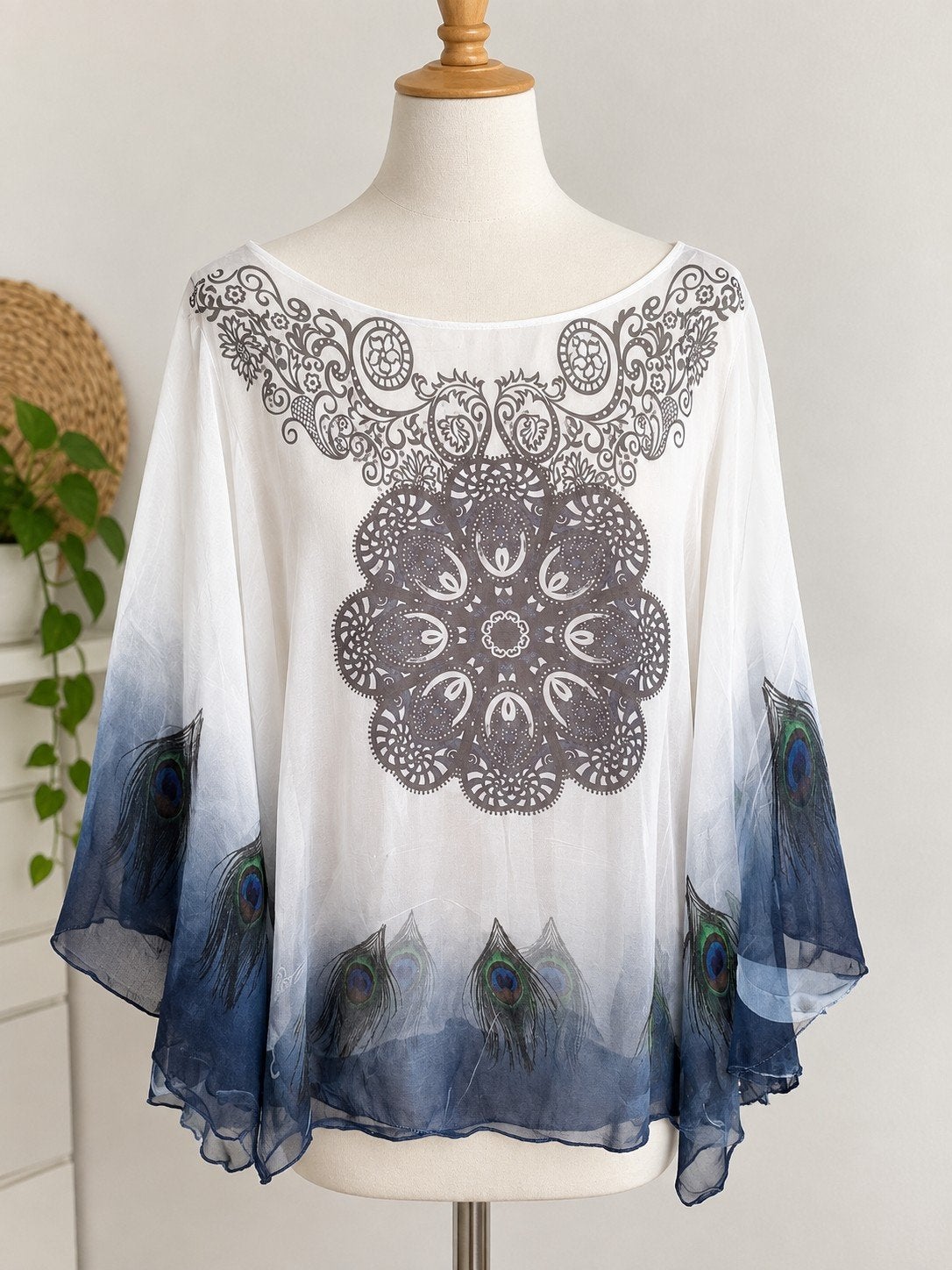Witte Tuniek met Pauwenveren Print - Maat S, Made in Italy, Wit, Ophalen of Verzenden, Korte mouw, Maat 36 (S)