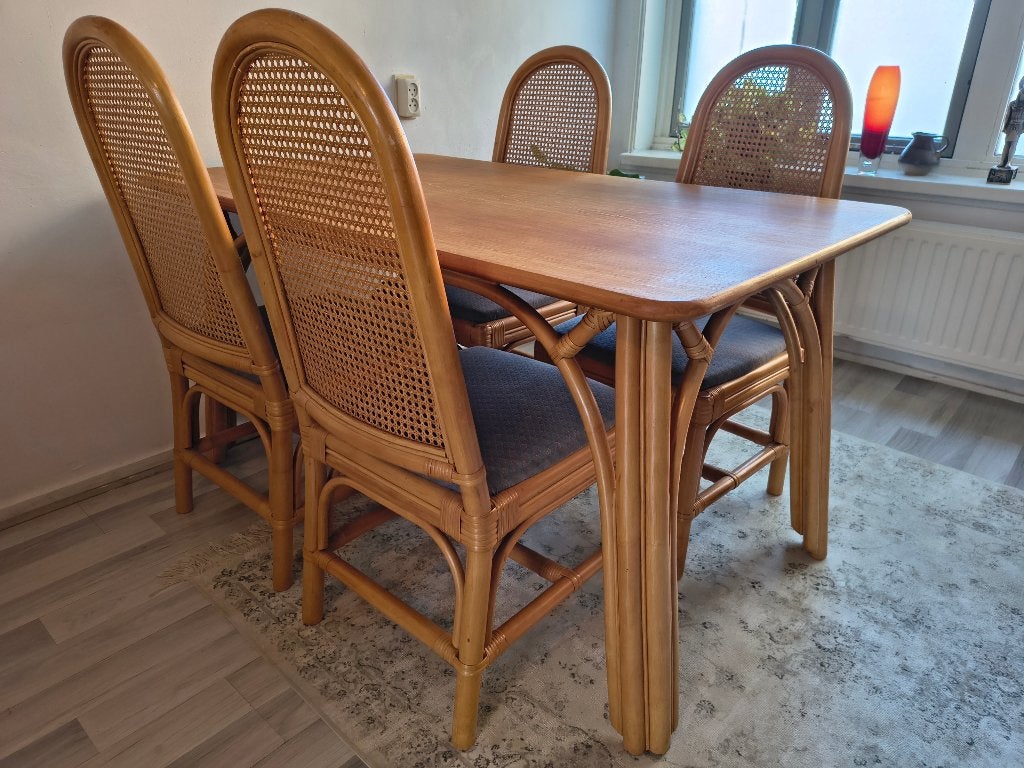 Vintage Rotan / Manou Eethoek – Boho & Webbing (compleet), Gebruikt, Ophalen of Verzenden, 4 tot 6 stoelen, Onbekend