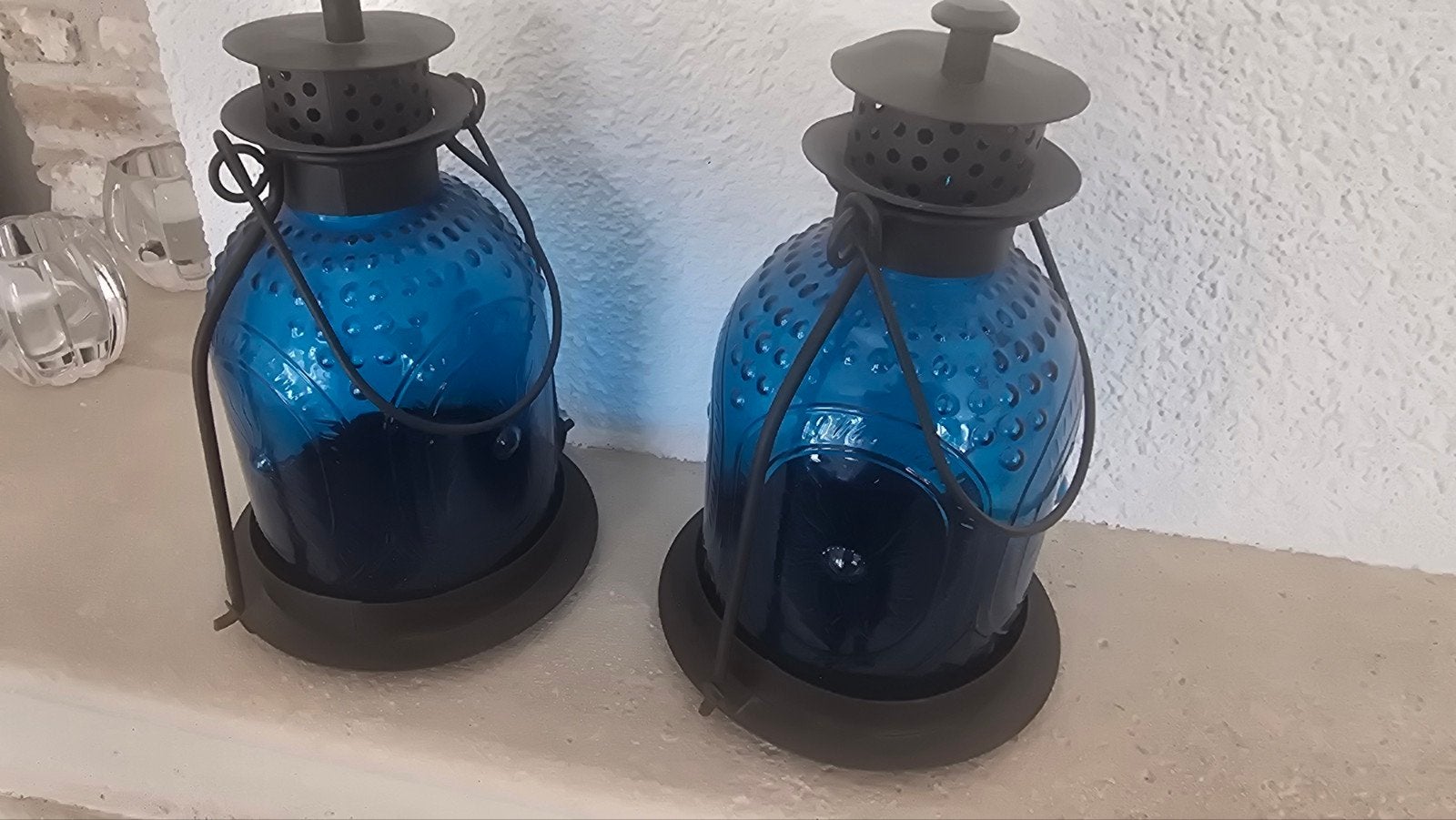 Blauwe glazen lantaarn met stalen frame, Ophalen of Verzenden